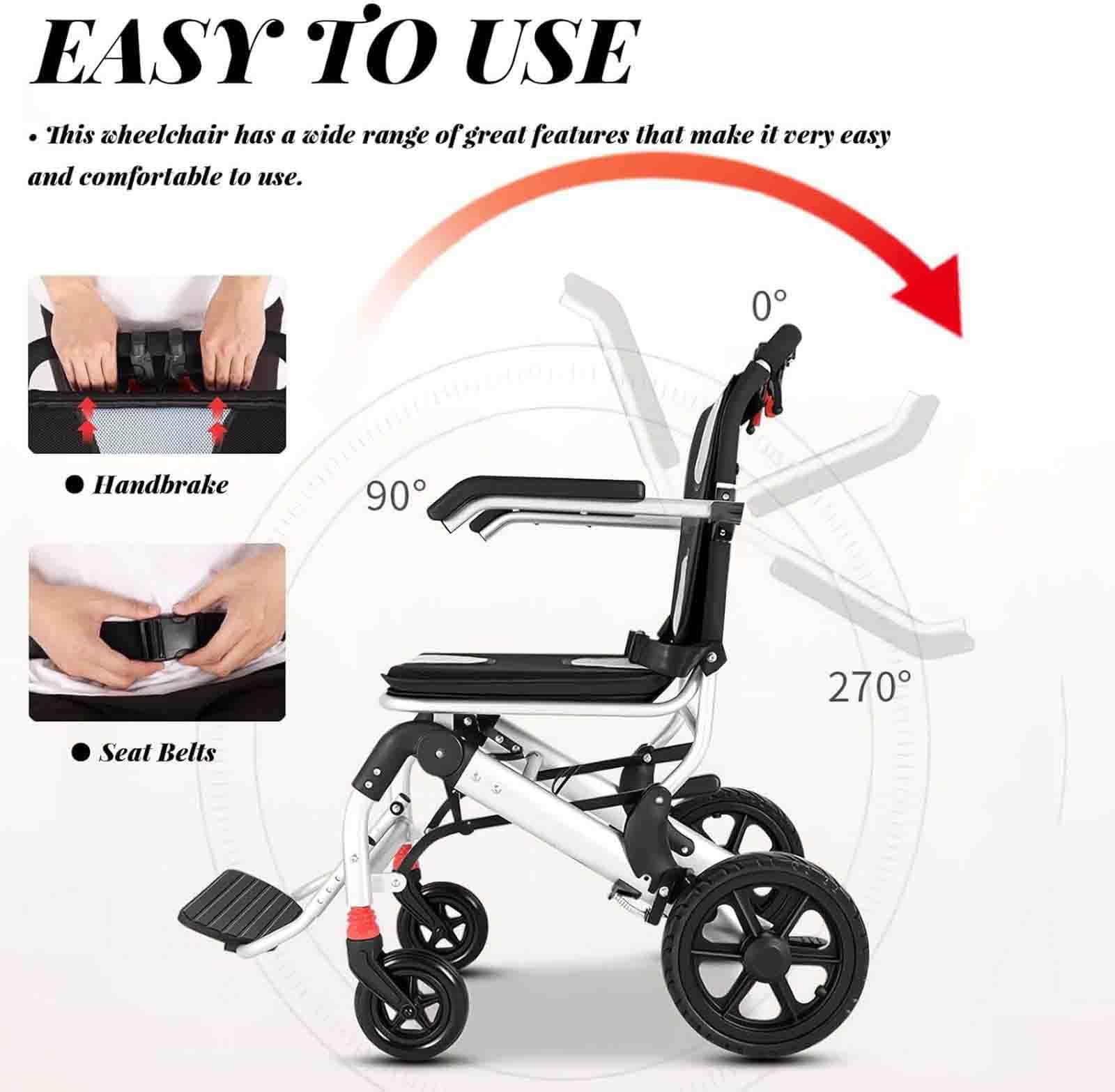 Silla de ruedas plegable y ligera for transporte, capacidad de 100 kg, estructura de aluminio de 11 kg, frenos con bloqueo, neumáticos macizos antipinchazos.