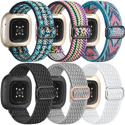 Ouwegaga Compatible with Fitbit Sense/Sense 2/Versa 3/Versa 4 Bands for Women Men, Soft Stretchy Nylon Elastic Solo Loop Sport Strap for Compatible with Fitbit Sense 2 1/Versa 4 3 Smartwatch, 6 Packs