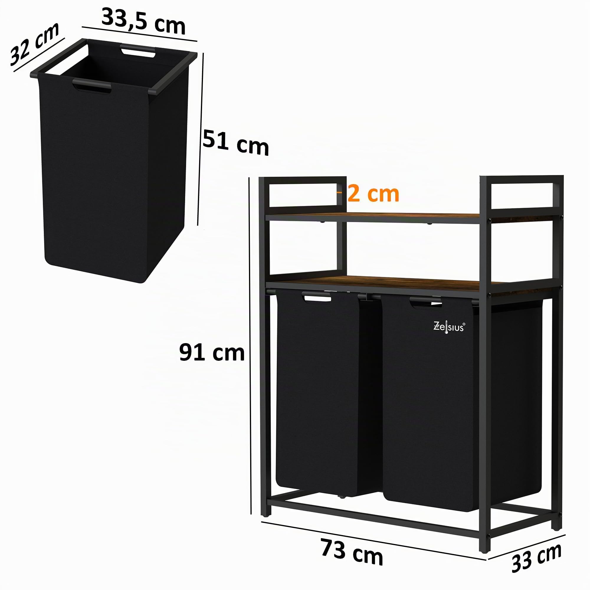 Zelsius Wäschesammler 2 Fächer | Schwarz, 73 x 33 x 91 cm | Wäschekorb mit Ablagen, Schmutzwäschebehälter mit Wäschebeutel | Wäschesortierer, Wäschebox, Wäschesack | Wäschesystem, Waschkorb