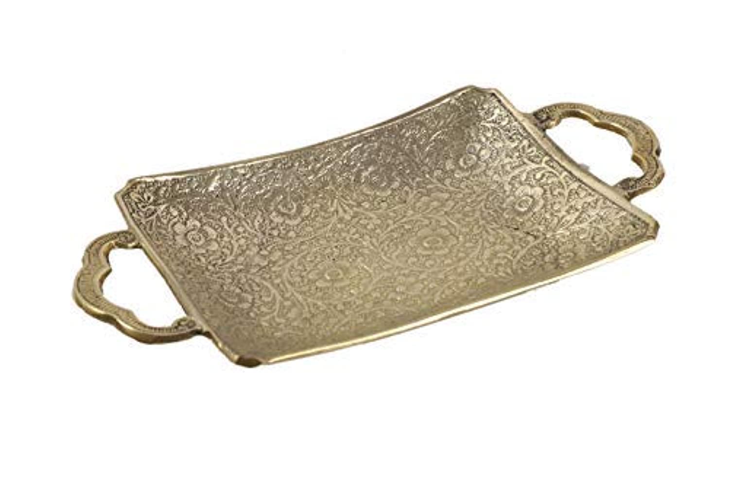 Aatm Brass Handicraft Designed Embossed Serving Brass Plate, Decorative Tray with Handle Shape Figurine for Home Decor and Gifting