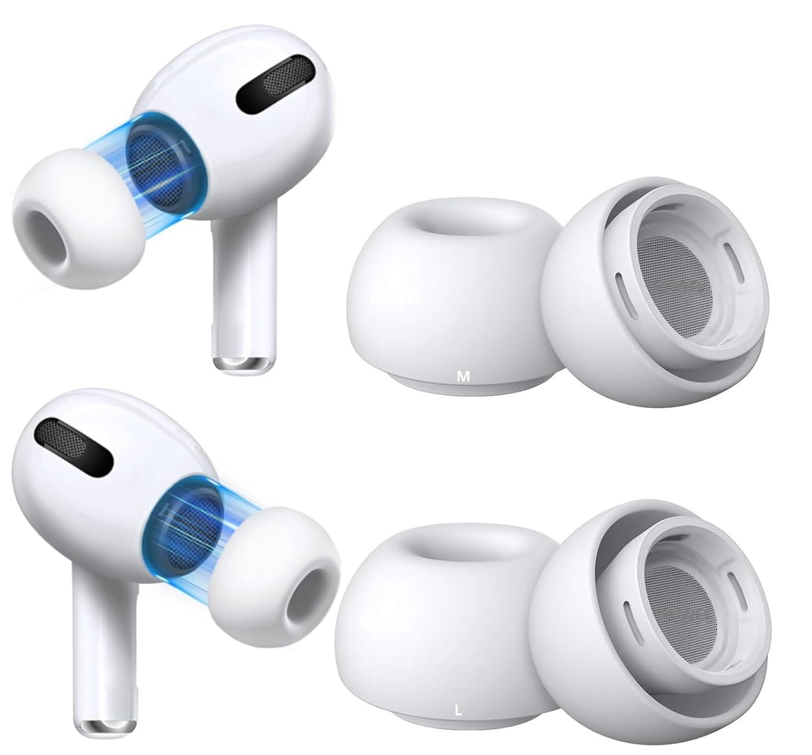 RUWEL Silicone Replacement Ear Tips for Apple AirPods Pro 2 & Airpods Pro, Anti-Slip Eartips, Dust Buckle, Tighter Seal, Fits in The Charging Case, 2 Sizes Inclued (White,L/M) (AiRP0D L/M 2-Pair)-image-26
