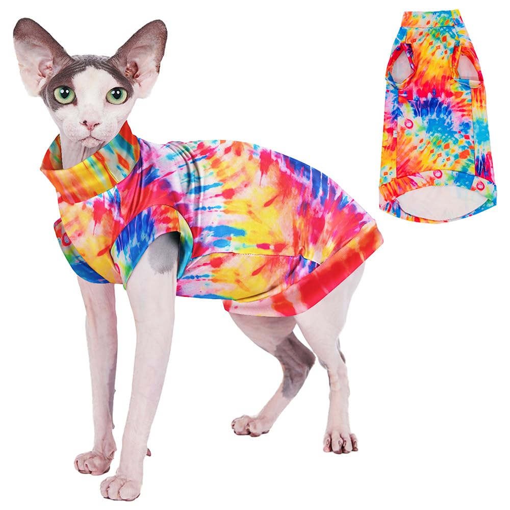 Sphynx Cat Tie Dye Shirt, Breathable Stretchy Cat Clothes, Soft Hairless Cats Shirt, Lightweight UPF50+ Sun Protection Shirt for Cats and Small Dogs (