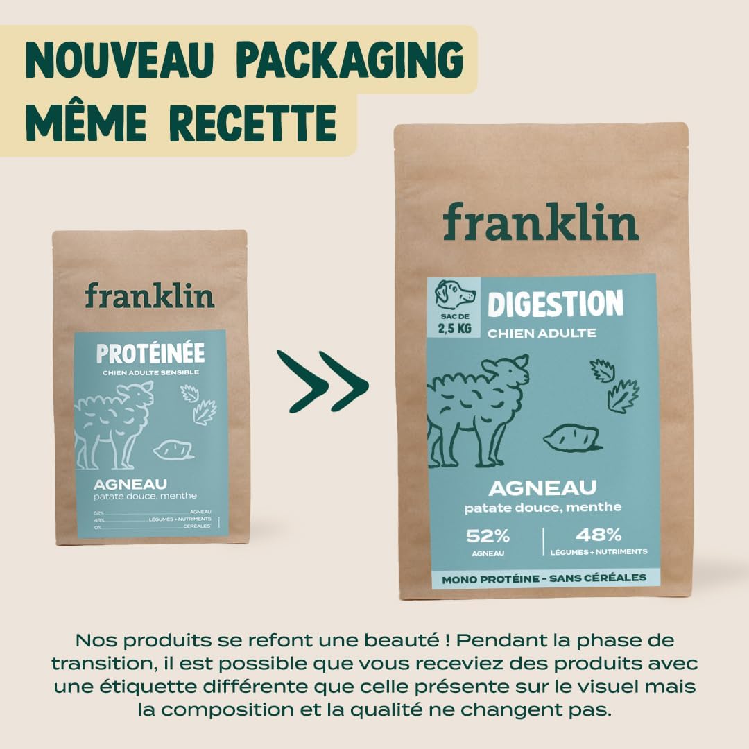 Franklin – Croquettes pour Chien Sensible – Gamme Protéinée – avec 52% d'agneau – sans céréales – Mono-protéine – Taille 13 mm – 6 kg