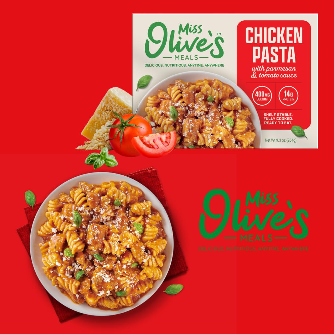 Miss Olive’s Ready Meals Variety Pack – 10 Pack (2 of Each Flavor) – Savory Entrées Including Tinga, Tikka, Teriyaki, Pasta Fagioli & Chicken Parm – Heat & Serve Microwave Meals, Larger Portions