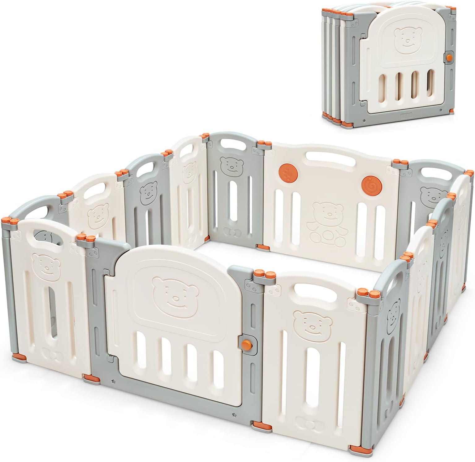 Baby Playpen, 14-Panel Foldable Large Baby Playard w/Locking Gate, Non-Slip Rubber Bases, Adjustable Shape, Portable Baby Fence Play Area Design for Indoor Outdoor Use (Beige + Gray)