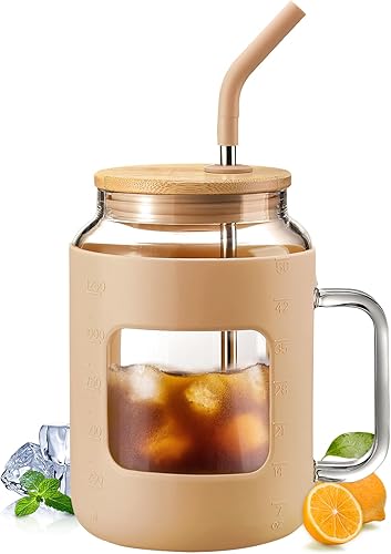 WINSA Vaso de vidrio con tapa de bambú y popote, botellas de agua de vidrio de 32 onzas con marcador de tiempo, taza de café helado con asa, tazas