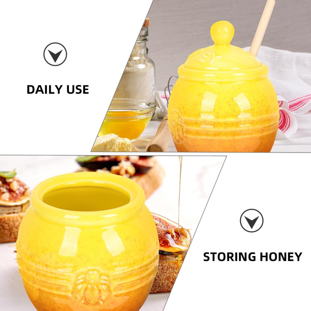 Wakauto Ceramic Honey Storage Jars with Lid and Wooden Dipper Stick Vintage Honey Dispenser Set of 2 for Kitchen and Dining Use