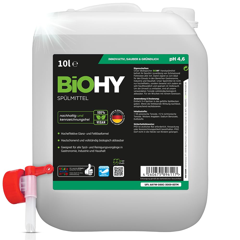 BiOHY Lavavajillas a mano (Bidón de 10 litros) + Grifo de Salida | Libre de fosfatos | libre de químicos dañinos y biodegradables | Adecuado para la restauración y el hogar (Spülmittel)