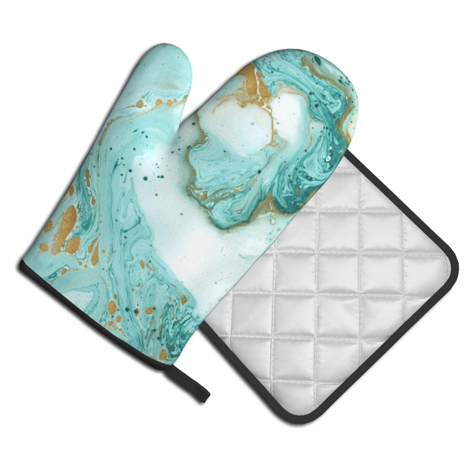 Oven Mitts and Pot Holders Set of 2 Pcs, Green Gold Marble Printed Heat Resistant Kitchen Gloves Potholders for Cooking Baking Grilling