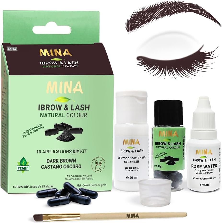 Minaibrow & Lash Tint kit Dark Brown | Water and Smudge Proof | No Ammonia, No Lead | Natural Eye Brow Color | Certified Natural Spot coloring and Brow Tinting Kit Powder in Capsule