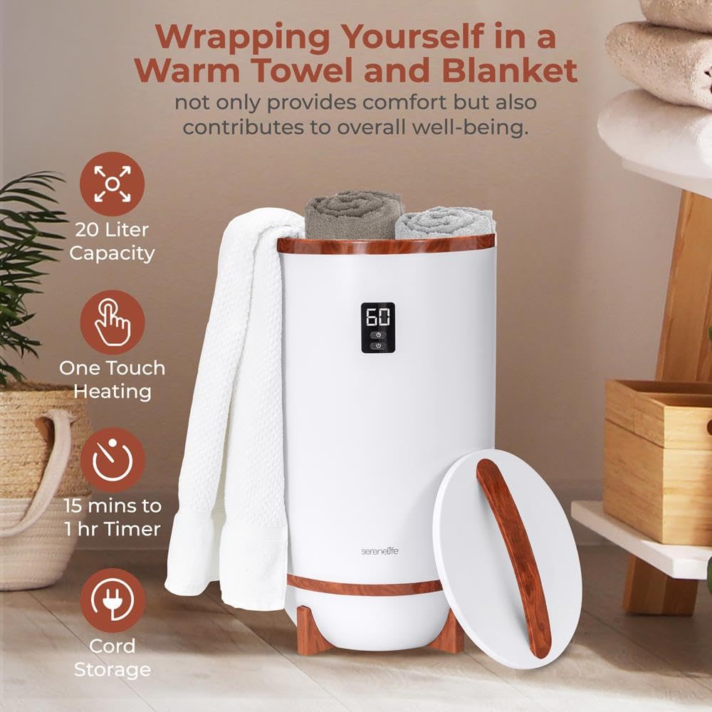 SereneLife Handtuchhalter Braun Holzoptik – Elektrischer Handtuchwärmer für 2 Handtücher Energiesparend und Mobil mit Timer, Handtuchtrockner mit Überhitzungsschutz und Auto-Abschaltung für Bad