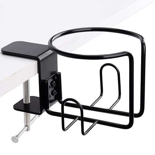 Large Desk Clip-On Cup Holder Anti-Spill Black