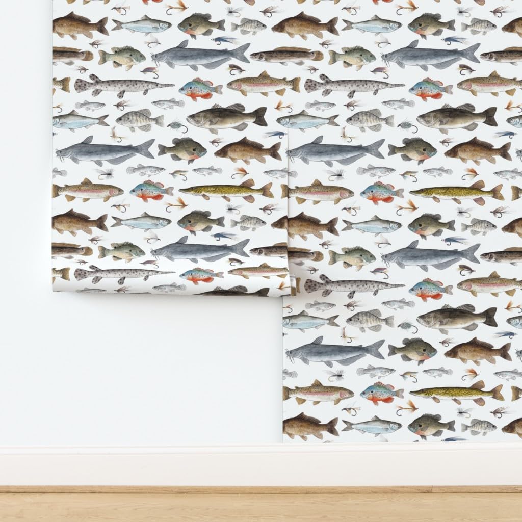 Peel & Stick Wallpaper 3ft x 2ft - Multicolor Fish Fishing Salmon Cabin Trout Fisherman Lures Sunfish Tackle Crappie Flies Fly Stream Custom Removable Wallpaper by Spoonflower