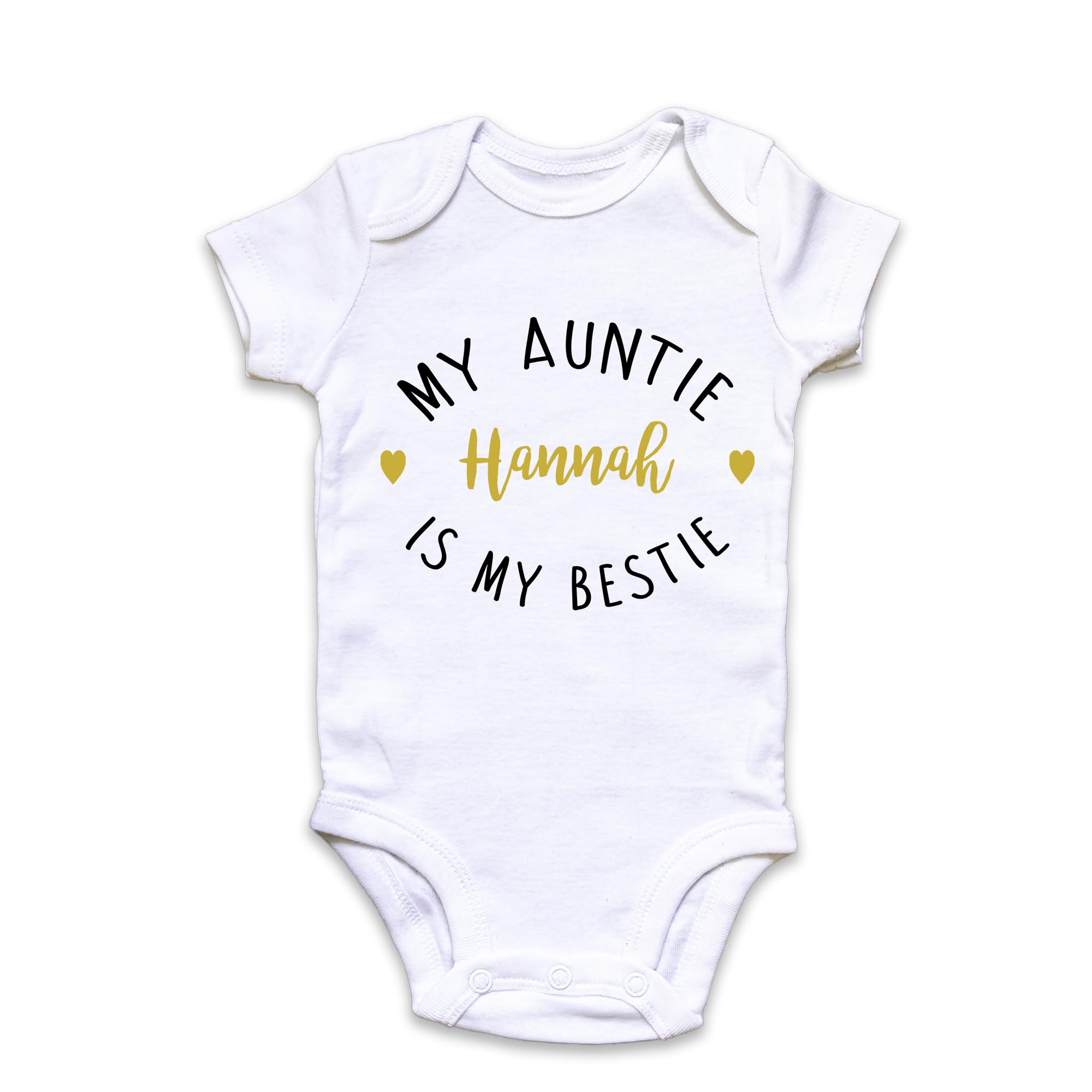 Fuzzy Cactus Personalised My Auntie is My Bestie Baby Grow Vest - Gold Text - New Baby - Sister Baby Announcement (White, Newborn)