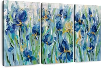 ElephantStock Iris Flower Bed I Wall Art - 3 Piece Blue Wall Art, Ready-to-Hang Decor Painting, Blue Flowers Canvas Wall Art - 50" X 32"