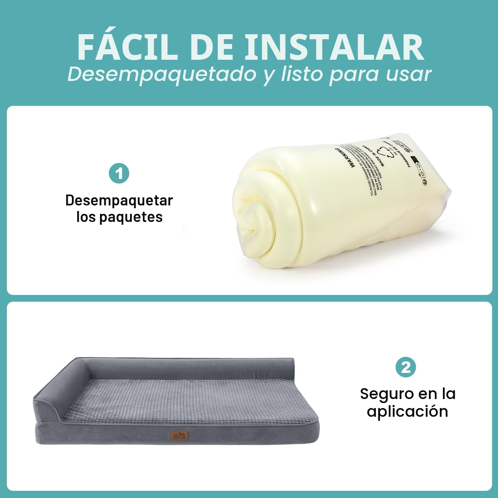 COZY KISS Sofá Perro Ortopédica Grande - Cama Perro Desenfundable y Lavable (Gris-L-Type, L(107 * 76 * 19CM))