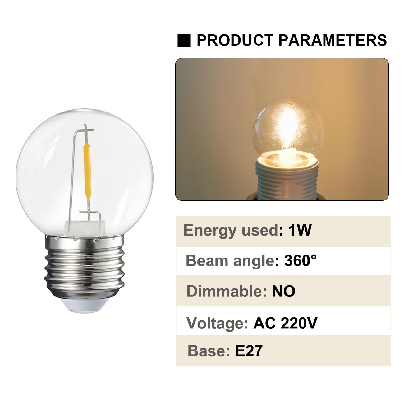 40 piezas LED E27 1W, blanco cálido 2700K,E27 tornillo base 1W bombilla globo lámpara para decoración de fiesta de vacaciones, bombilla para luces de hadas, AC 220V