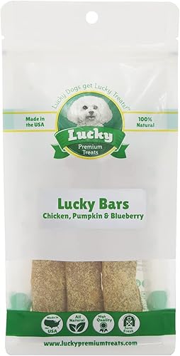 Lucky Premium Treats Lucky Chicken Bars - Golosinas de carne seca para perros con pollo, calabaza y arándanos en barras llenas de sabor, golosinas