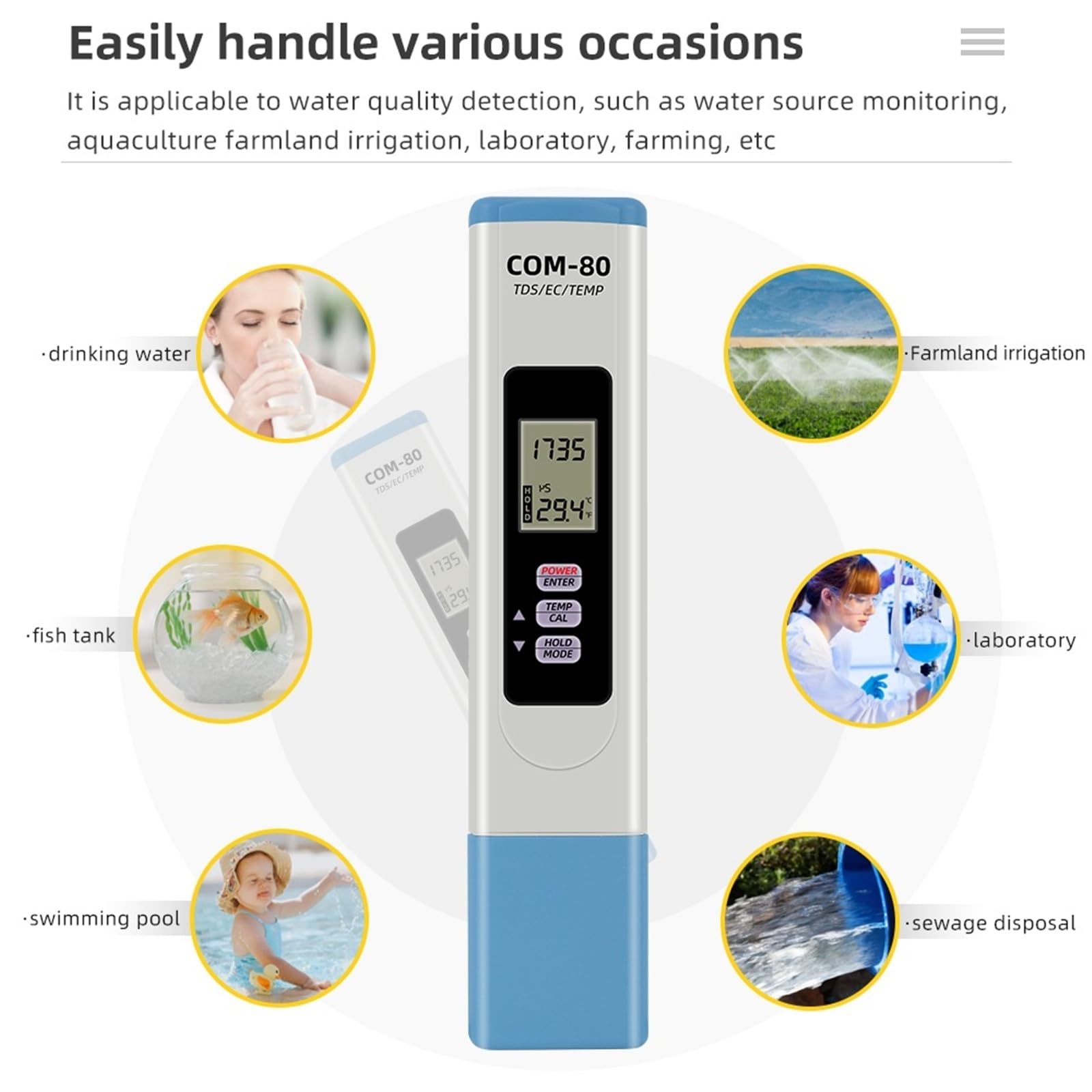 Misuratore PH, Tester di qualità acqua digitale 3 in 1 portatile TDS EC Temp Meter COM-80 Hydrotester Penna for test acqua for laboratorio di acquacoltura