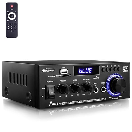 AK45 Pro Amplifier Home Audio Stereo Receivers with Bluetooth 5.0,Max 400W,2.0 Channel Stereo Amplifier System for Home Theater Speakers, Karaoke,Garage,Home Amp with USB,SD,RCA,2 MIC in