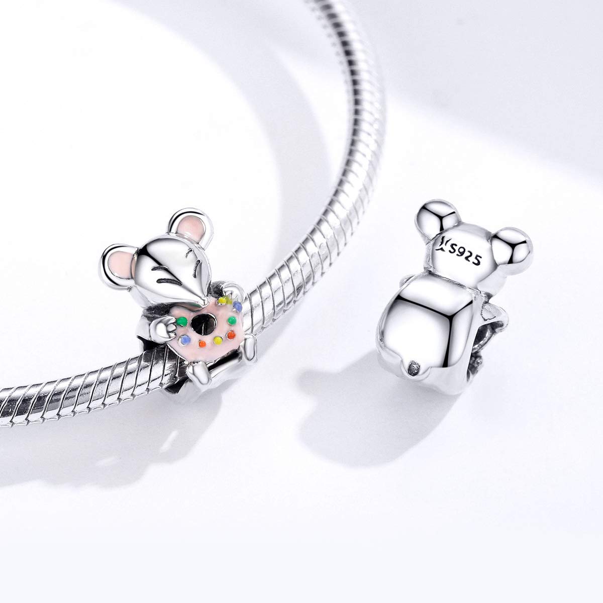 Pulsera brazalete con dije de donuts de ratón en plata 925 para mujer
