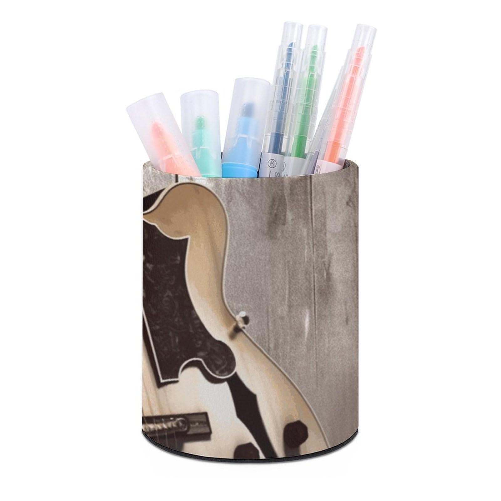 FekiLoot PU Leather Round Pen Holder Guitar Pictures Pencil Holder Desk Organizer Pen Organizer Pen Cup Pencil Cup Caddy Desktop Stationery Organizers for Office Home Supplies