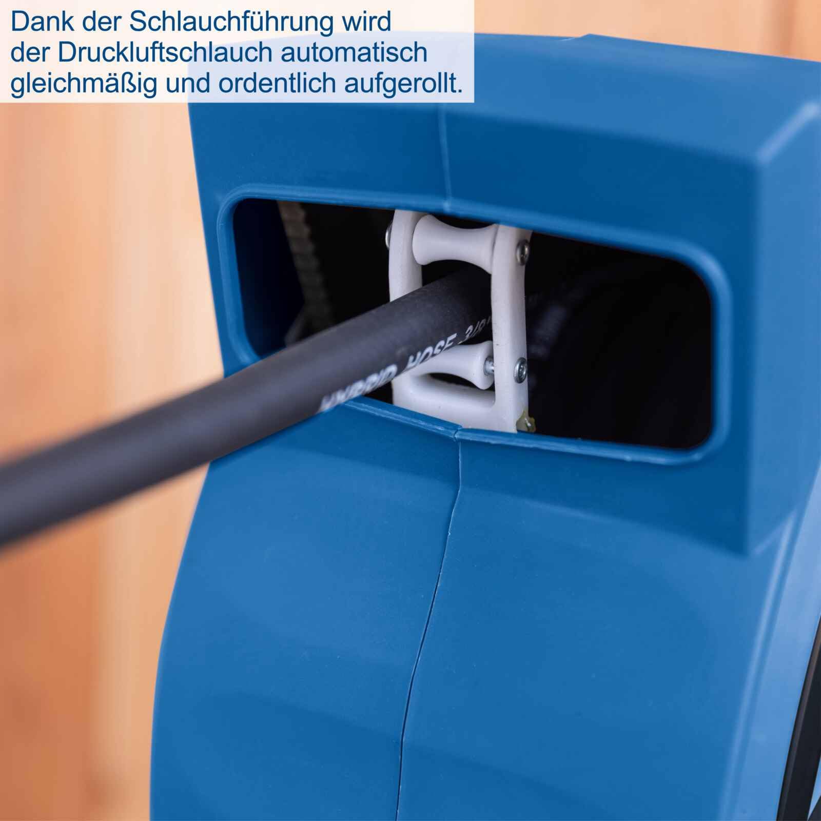Scheppach 15m Schlauchtrommel Druckluft | 15 bar Arbeitsdruck | Ø 9,3mm innen / 15,3mm außen | 180° schwenkbar | tragbar | mit Auto-Stopp | Automatik Schlauchtrommel AHR15 für Kompressor ¼" Anschluss