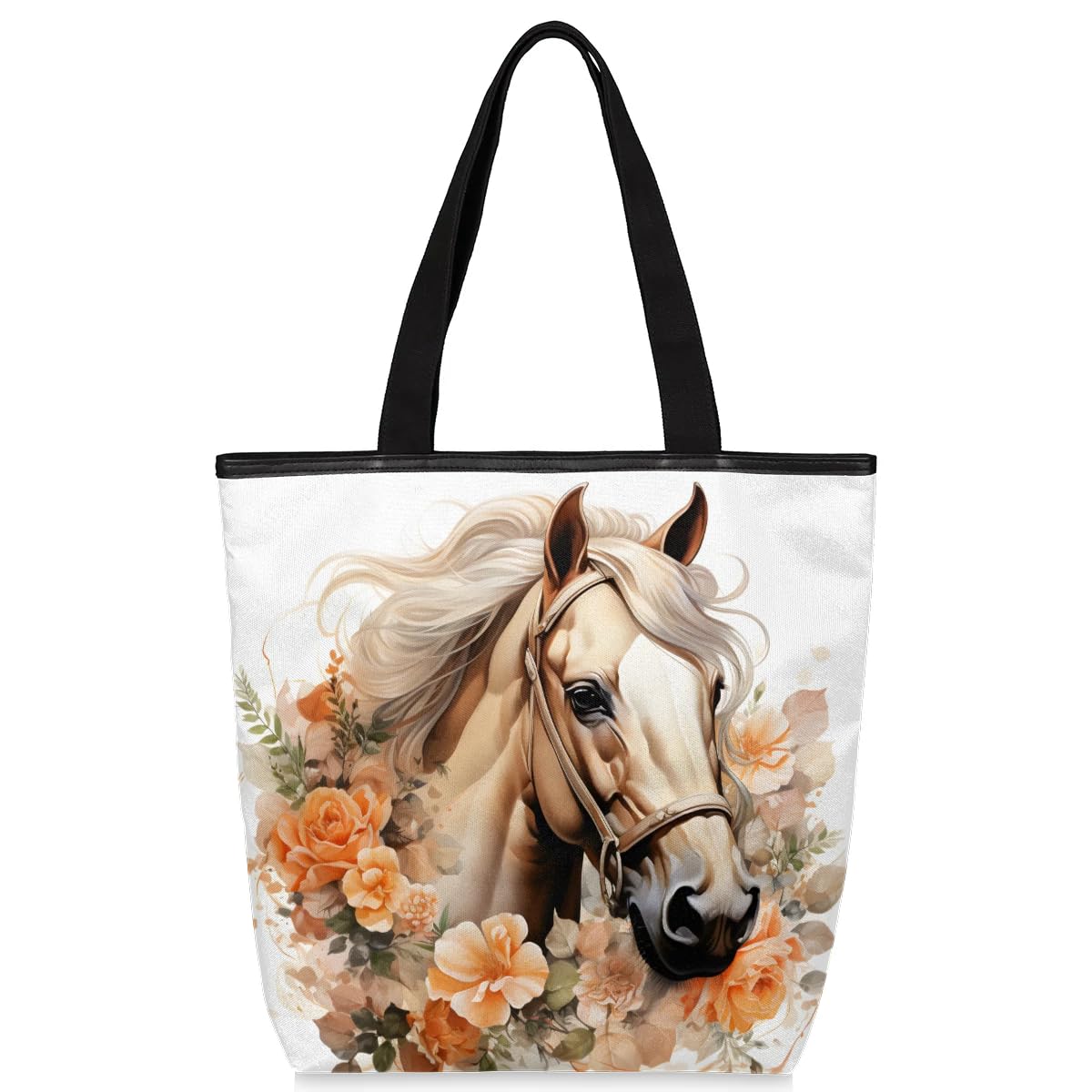 Mularoka Garland Horse Canvas Tote Bag with Zipper and Pockets Canvas Tote Shopping Bag Women Reusable Grocery Bag for Beach Travel Gym Shopping
