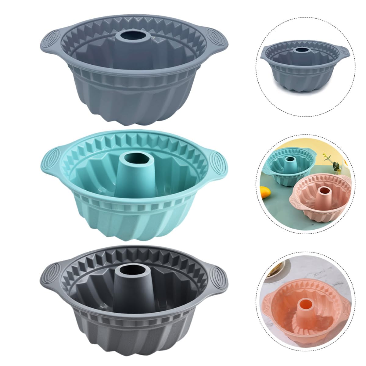 Set 3 Stampi in Silicone Alimentare per Torte Mousse e Chiffon, Teglia Rotonda Scanalata Maniglie, Antiaderente e Riutilizzabile per Forno e Dessert, per Feste e Riunioni