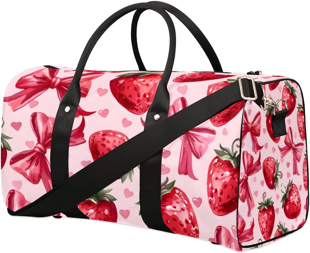 Strawberry Bow Foldable Lightweight Duffle Bag for Travel - Waterproof Carry On Bags for Airplanes, Travel Duffel Bags for Gym, Weekend