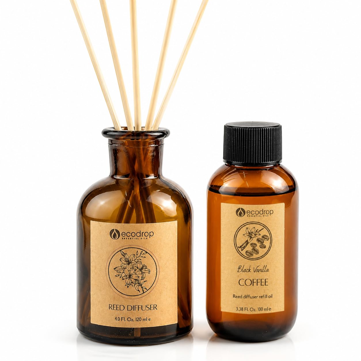 Ecodrop Vanilla & Coffee Reed Diffuser Set 100ml, Home Fragrance & Decor