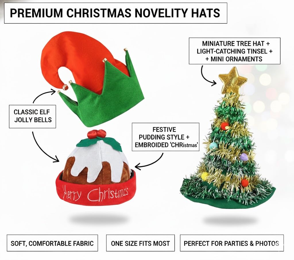 ZANGOC 3 Pack Exclusive Christmas Hats, Elf Hats with Bell Rings, Christmas Tree Hat with Tinsel and Gold Star Topper 43cm - Image 2