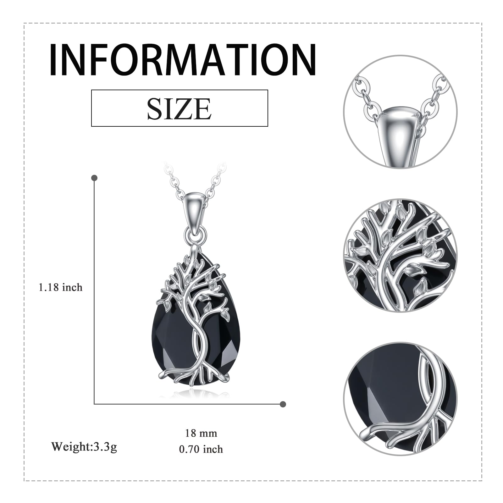 YFN Collana con albero della vita, in argento Sterling con tormalina nera, ciondolo celtico, albero della vita, regalo per donne, adolescenti, ragazze, compleanno, 30*18mm, Argento sterling, Zirconia