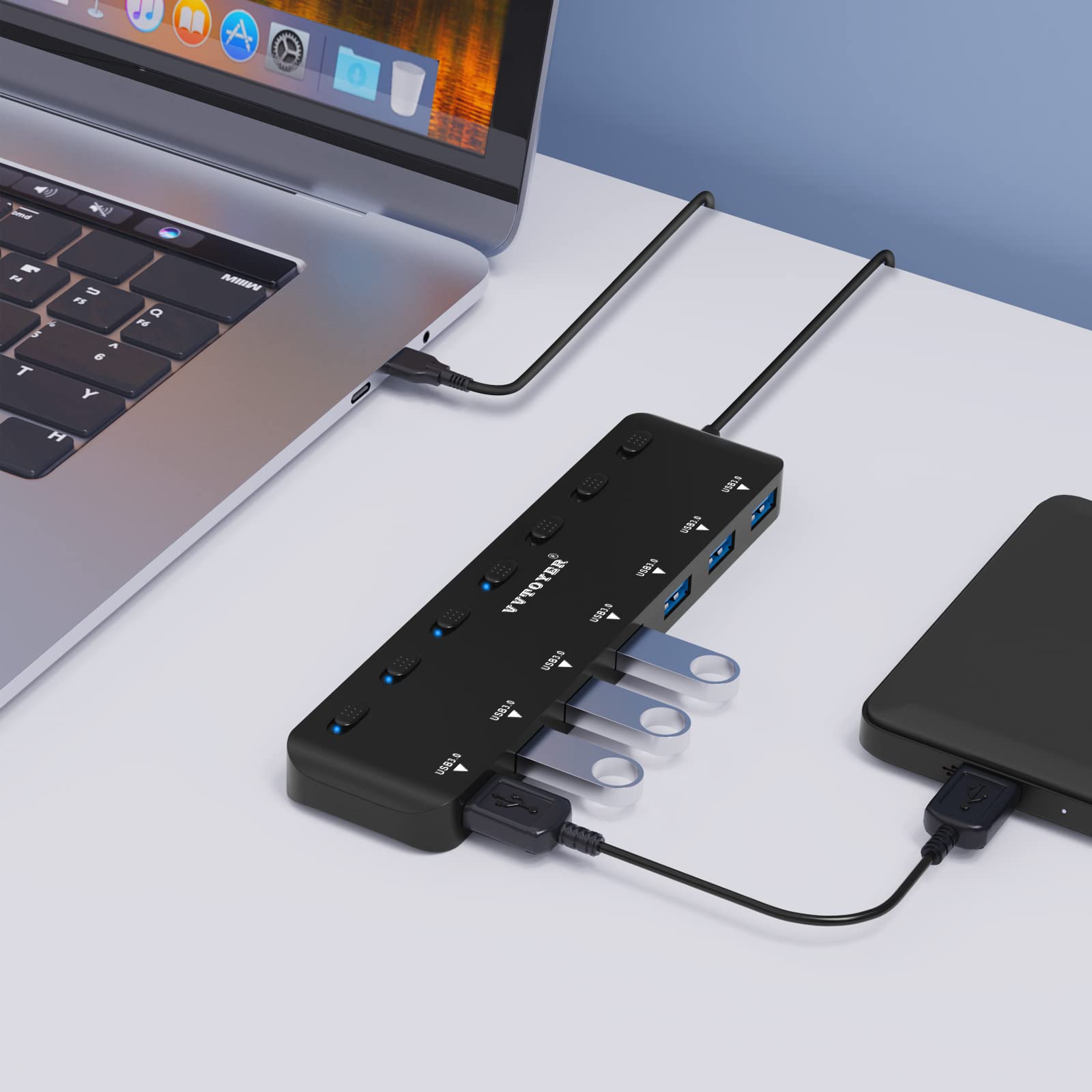 USB Hub 3.0 Splitter, 7-Port USB Extender für Laptop, VVTOYER USB Multiport Adapter Expander mit Individuelle Netzschalter und 23,6 Zoll langes Kabel