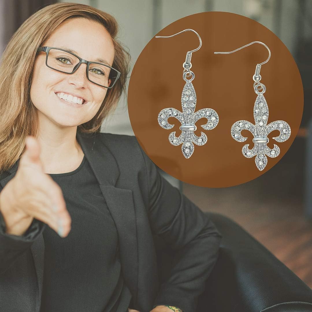 PammyJ Silvertone Clear Crystal Fleur De Lis Dangle Earrings - Image 4
