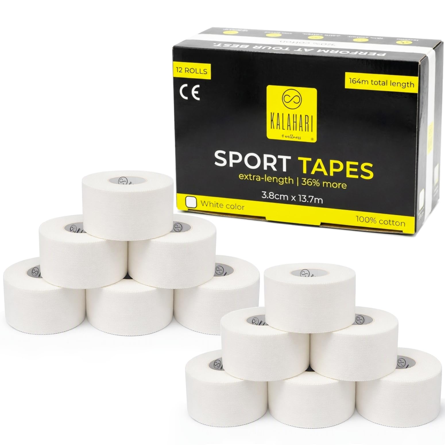 KALAHARI 12 x Sport Tape extra long (Total 164m), Sparadrap, Bande strapping adhésif, Ruban Athlétique Sportive, bandage Doigt, Esacalade, Strap Sport, Inélastique, 100% coton, blanc - 3,8 cm x 13,7 m