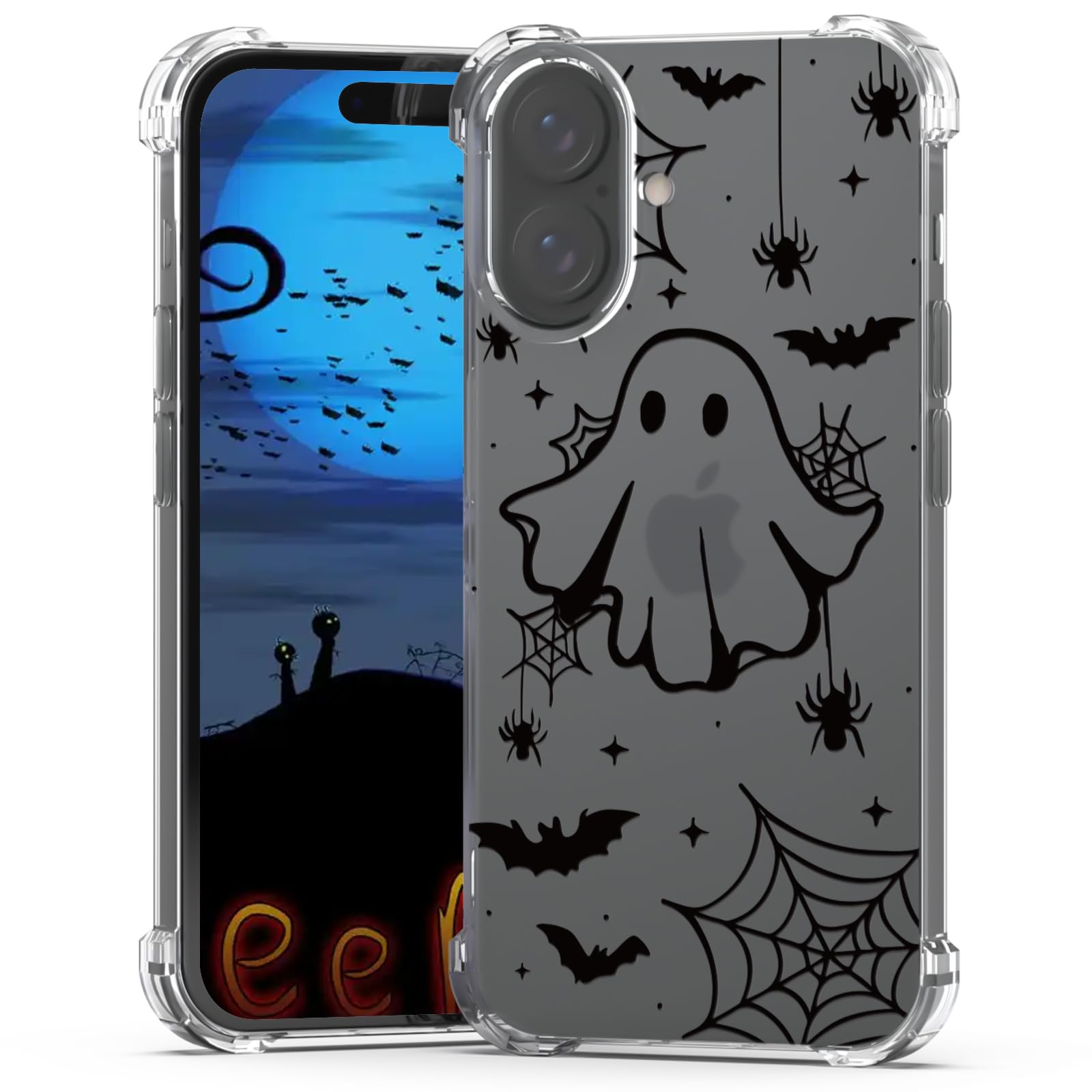 Halloween Case for iPhone 16 Clear Ghost Bats Designs Stylish Slim Shockproof Bumper Protective Halloween Phone Cover Women