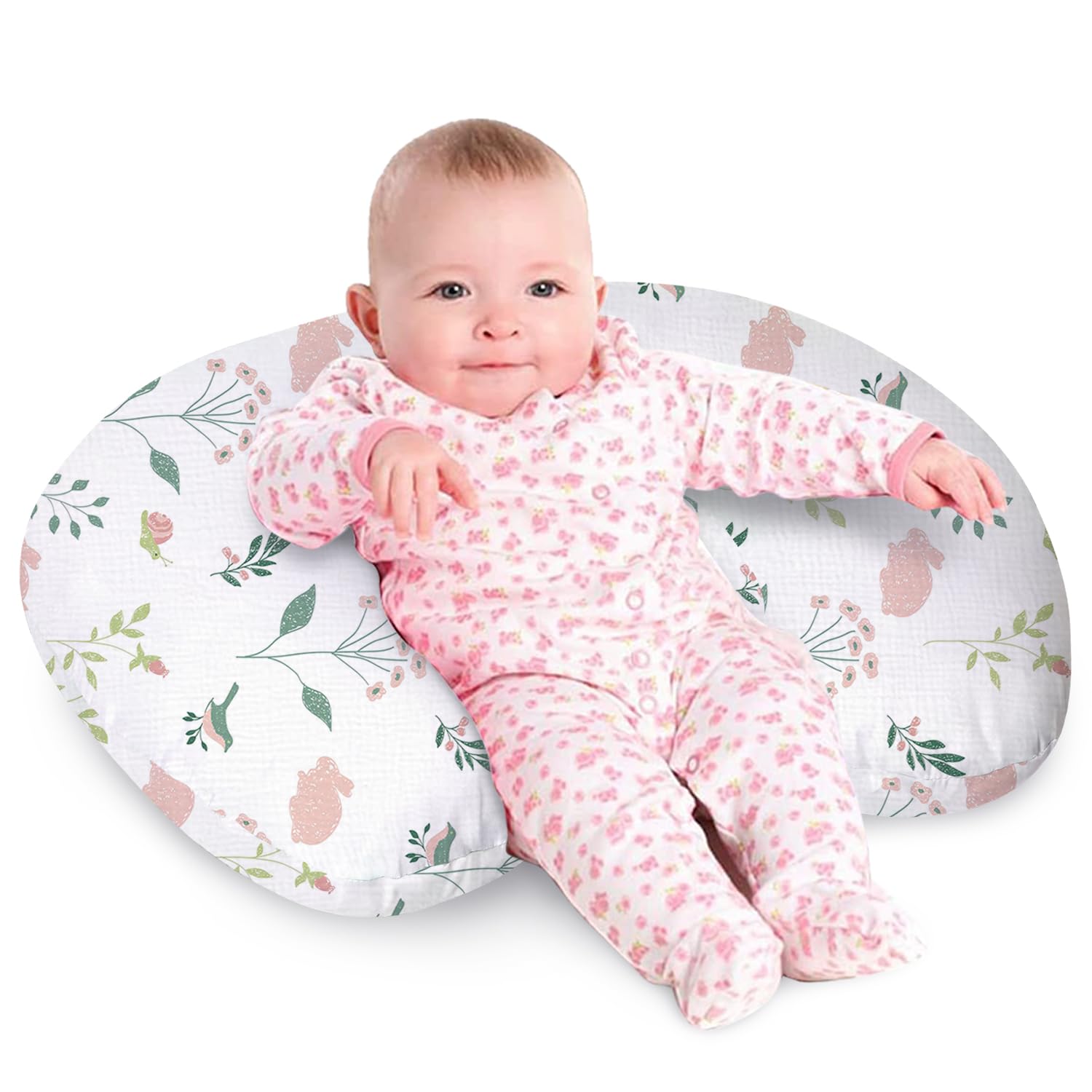 Little Grape Land Nursing Pillow, Soft 100% Cotton Breastfeeding Pillow with Breathable Muslin Cotton Removable Cover, Pink Bunny Breast Feeding