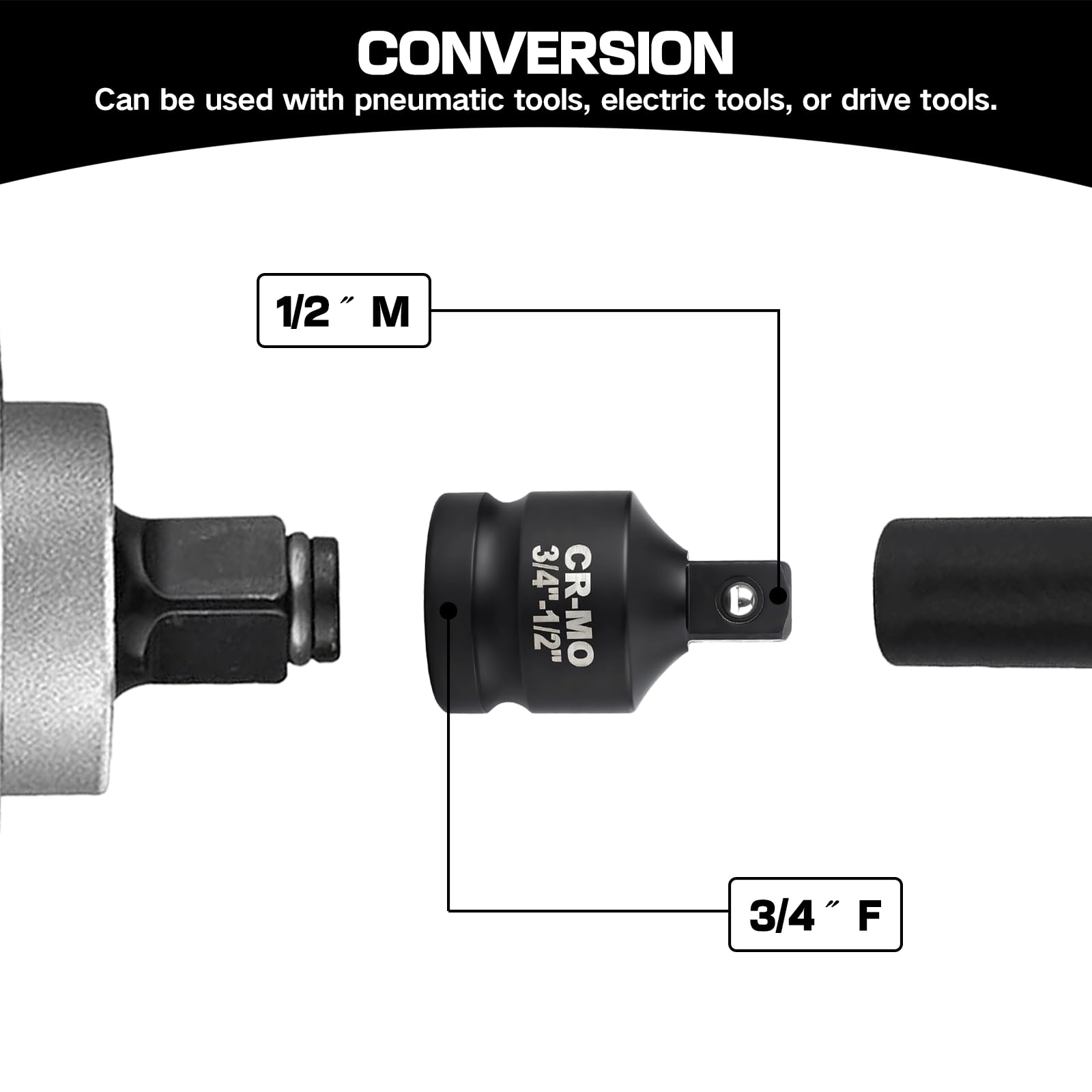 Adattatore per chiave a bussola da 3/4 F a 1/2 m, dadi per avvitatore a percussione, adattatore per utensili a percussione, adattatore per chiave a bussola, adattatore a percussione per cricchetti