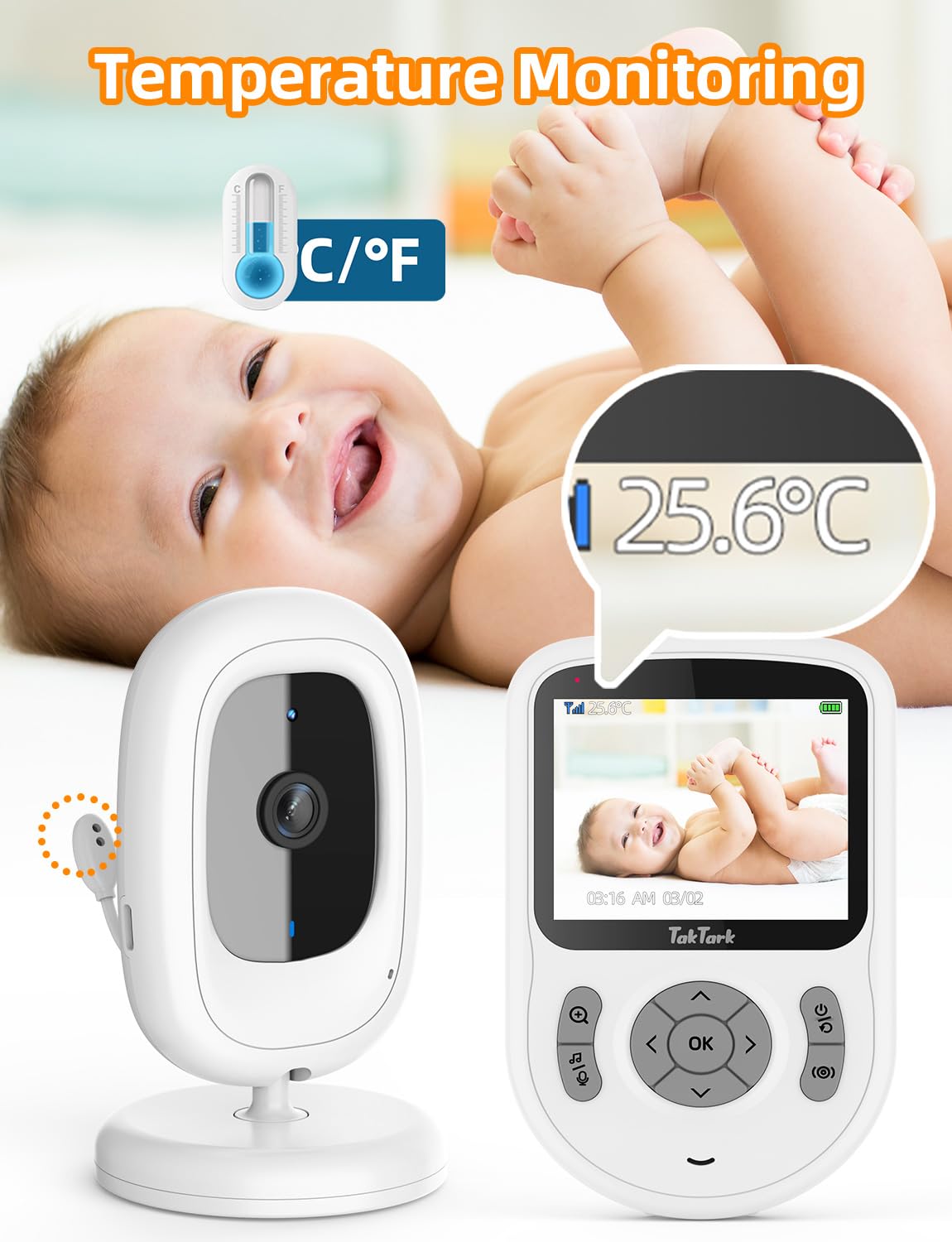 TakTark Elektroniczna niania z kamerą [2,8 cala/720p IPS] elektroniczna niania z kamerą bez Wi-Fi, długi zasięg, akumulator 750 mAh, 2-drożna rozmowa, VOX, 3 × zoom, widoczność w nocy, monitorowanie