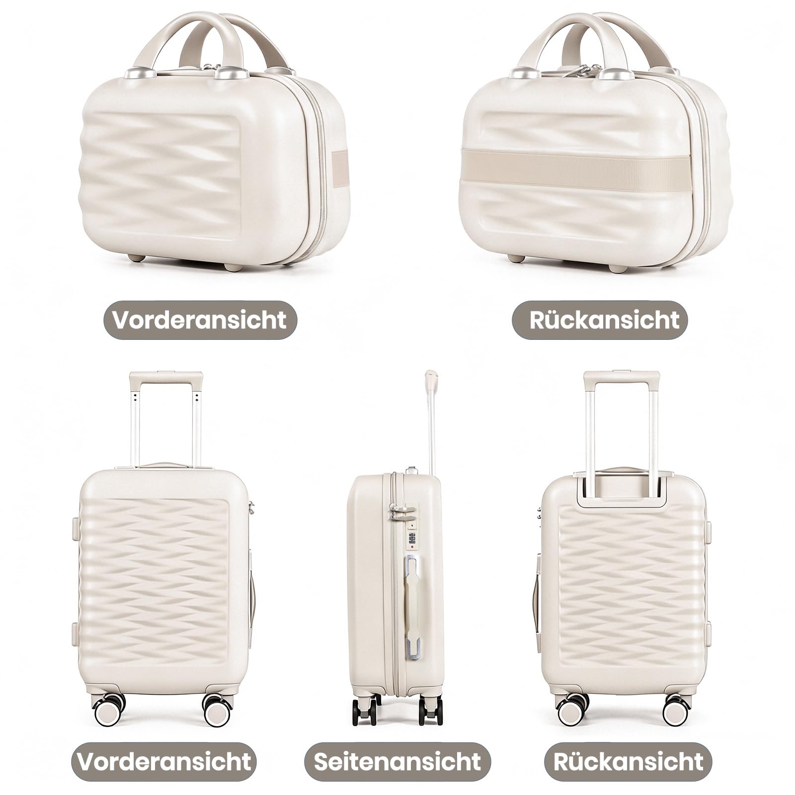 Zestawy walizek z kosmetyczką lekka walizka podróżna ABS + PC twarda skorupa z kołami obrotowymi, biały, 4 Piece Set, Nowoczesna twarda strona