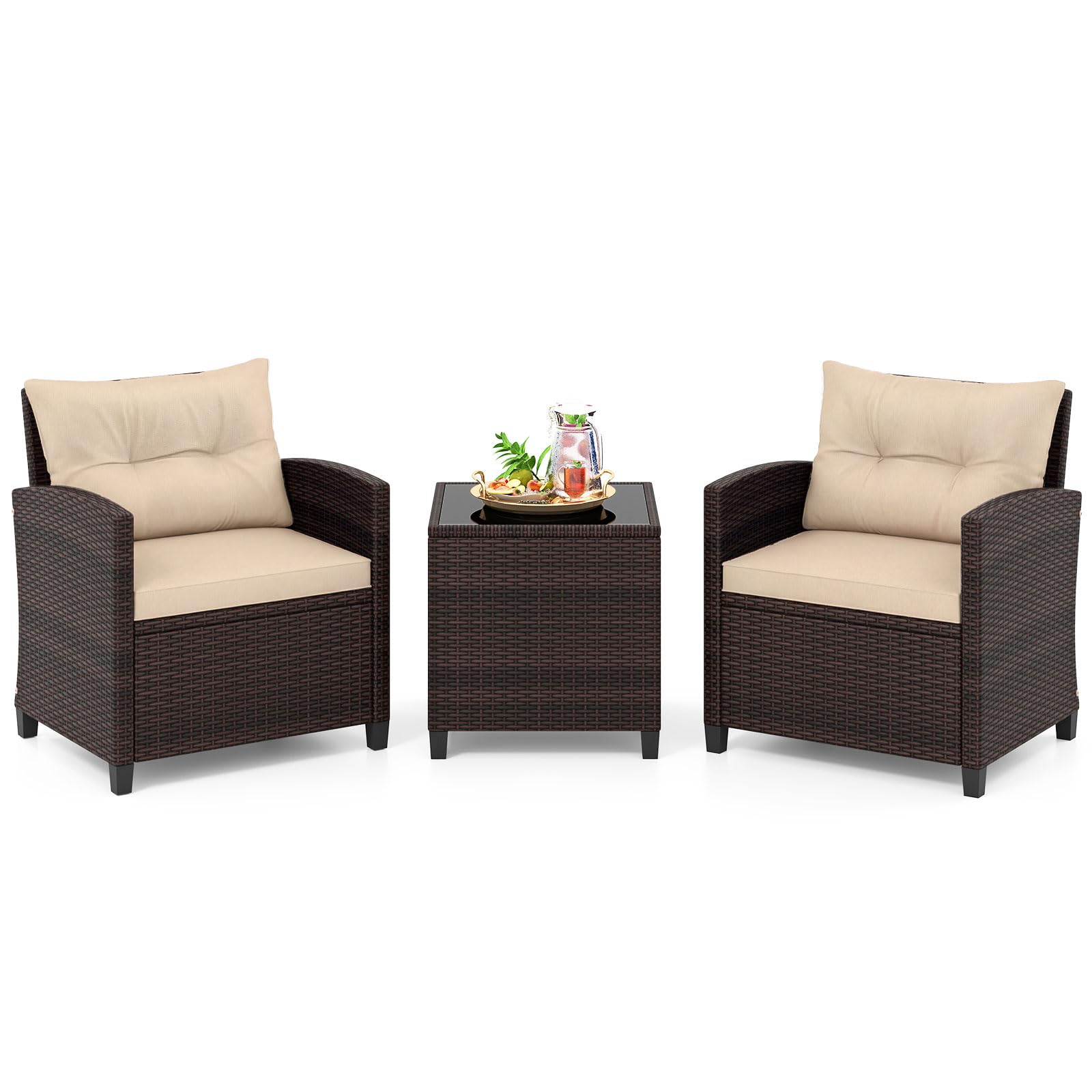 COSTWAY Conjunto Jardin Exterior de Ratán 3 Piezas, 1 Mesa Auxiliar de Vidrio Templado y 2 Sillas con Cojines, Muebles Jardin Terraza Balcon Exterior (Brown)
