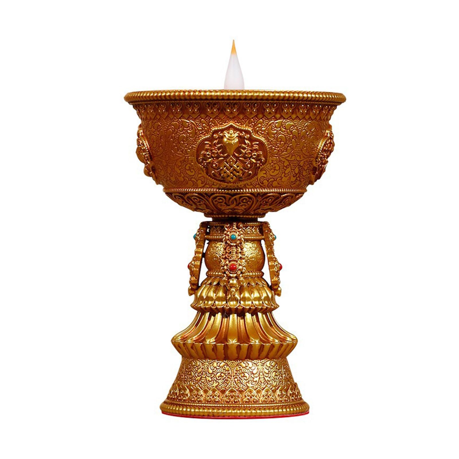 Lerpwige LED Resin Lamp Simulated Flame for Buddhist Table Centerpiece Tibetan Home Temple Electronic Butter Lamp Rechargeable Resin Holder
