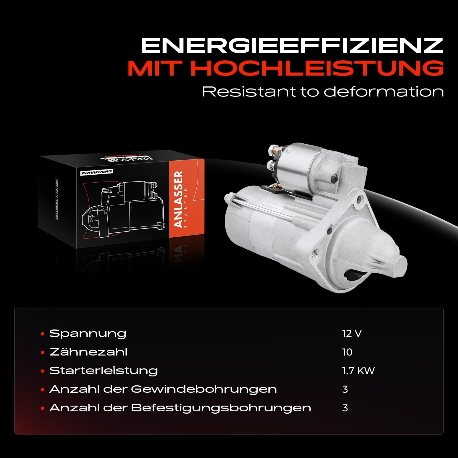 Frankberg Anlasser Starter Anlasser Auto Diesel 1,7 KW/12 V/10 Zähnezahl