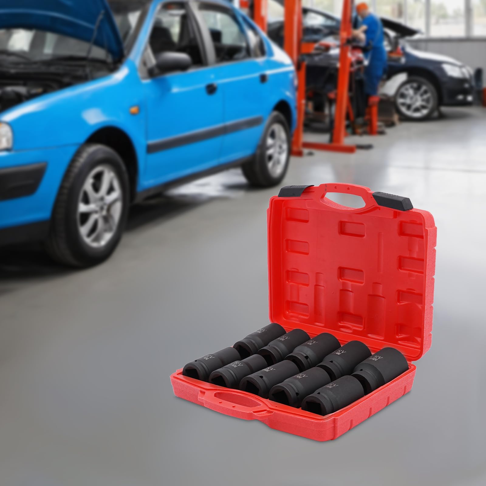 Set di 10 chiavi a bussola, dadi a percussione da 24 – 46 mm, set di chiavi a bussola, dadi a 6 punti, con scatola di plastica per riparazioni auto