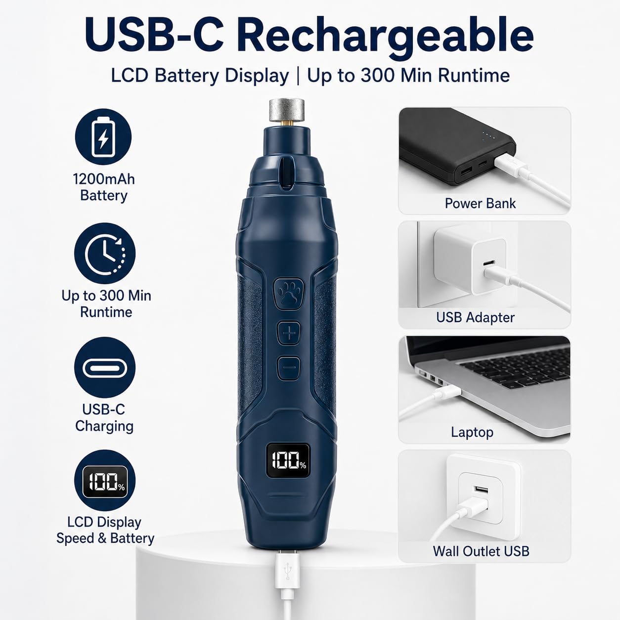 Hund Nagelschleifer für Katzen & Hunde - Leiser Elektrischer Trimmer, 16 Geschwindigkeiten, USB-C