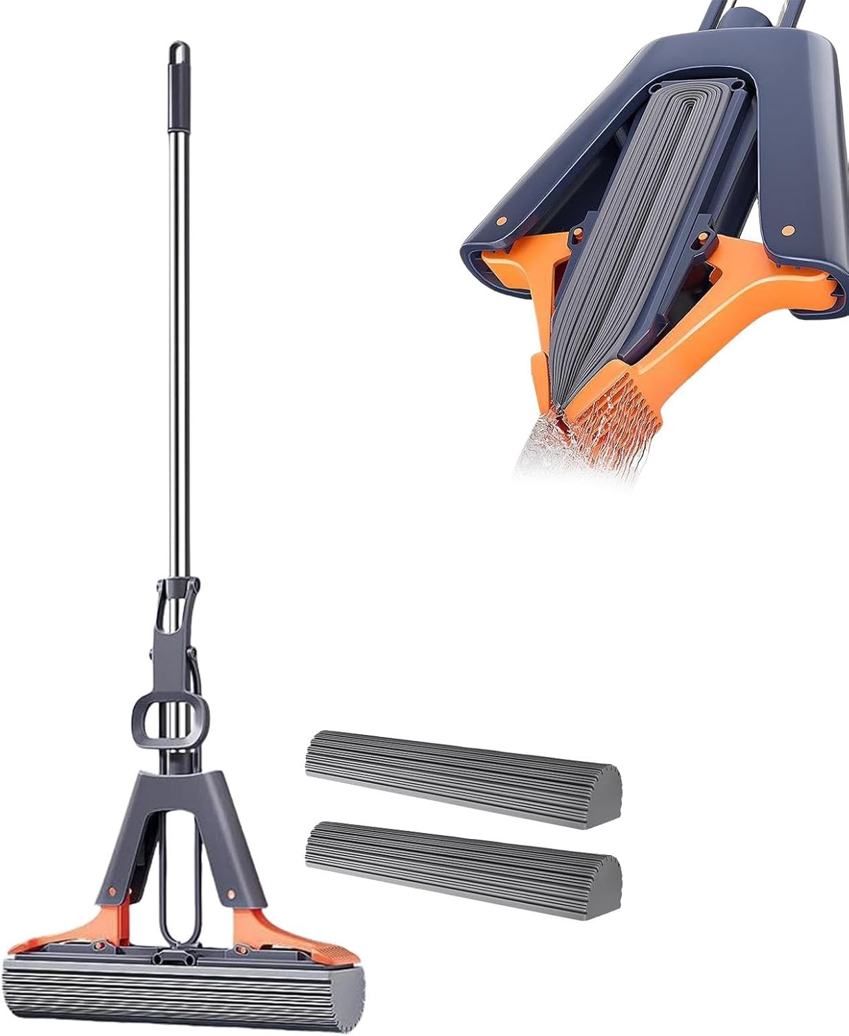 Generic Sponge Mop - Floor Roller Mop, Adjustable PVA Sponge Head | Hardwood, Laminate, Marble, Tile Floor Cleaning Sponge Mop with Navy Handle and PVA Sponge Head Refills