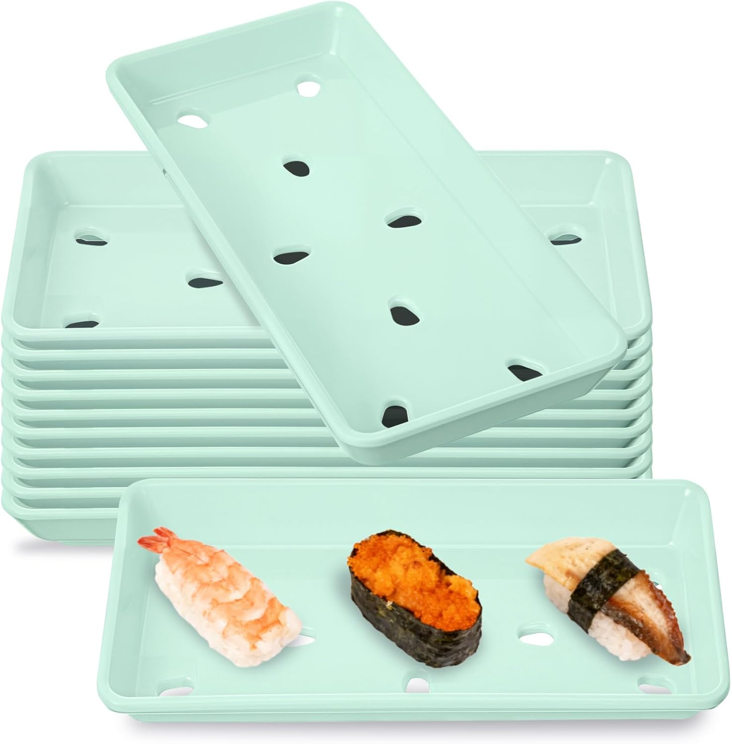 12 Pack Sushi Plates with Drip Holes Melamine Drain Sashimi Plate 8" x 3.75" Japanese Cuisine Chef Display Serving Tray for Sushi Case Raw Food Preparation Storage Restaurant Supply (Green)