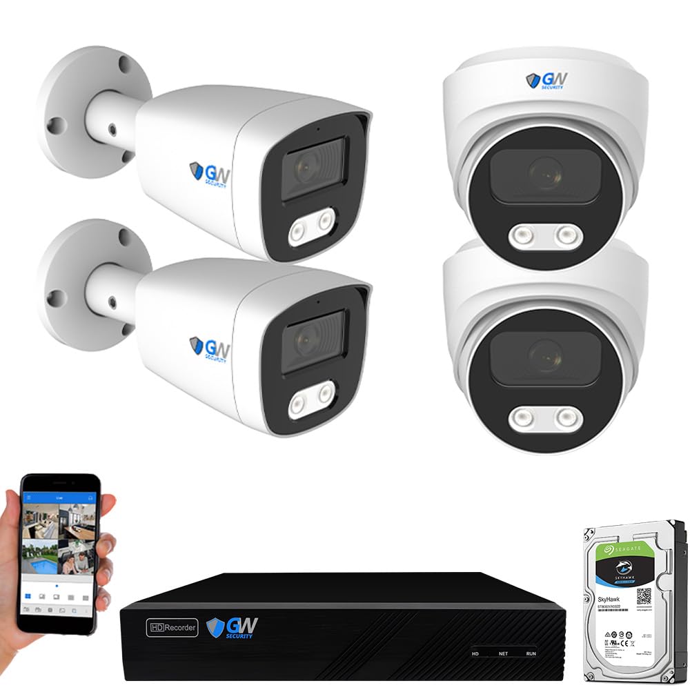 GW Security 8 Channel 12MP NVR 4K Security Camera System with (2) Bullet and (2) Dome 8MP PoE Color Night Vision Outdoor/Indoor Microphone Cameras,