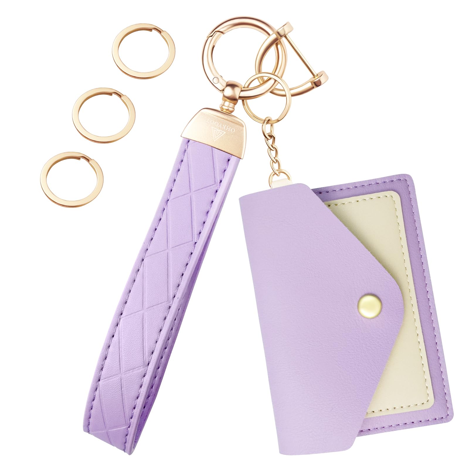 OHKYOOT Leather Wristlet Keychain,Wrist Keychain Car Key Chain with 3 Key Rings,D Ring and Slim Wallet (Purple)